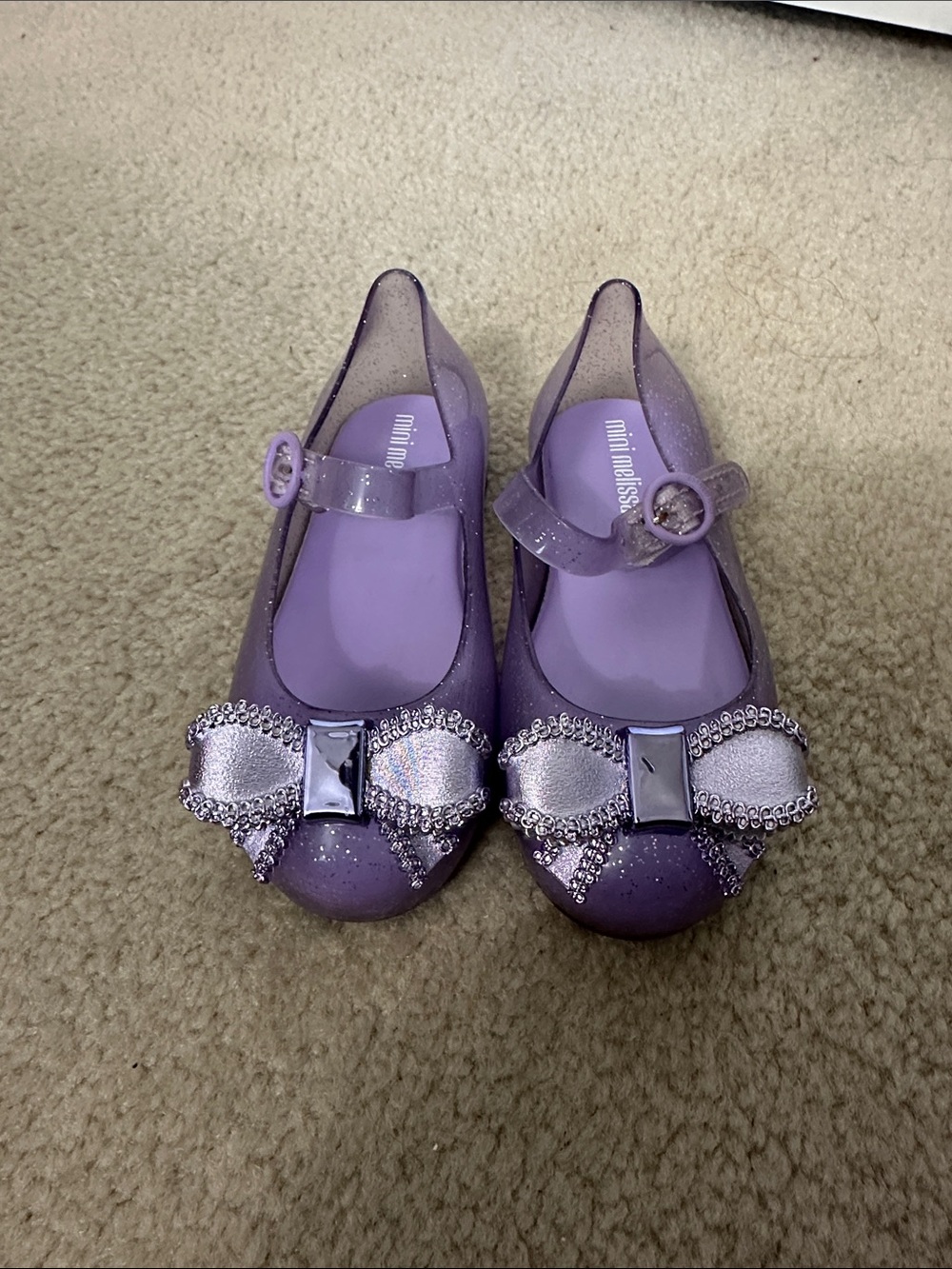 Mini Melissa Purple Glitter Jelly Mary Jane Shoes with Bow